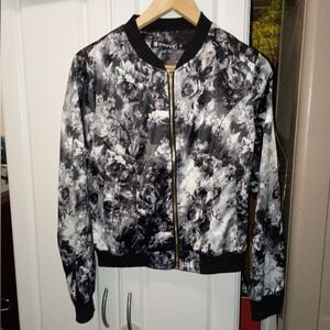 Allegra K Black and White Floral Bomber Jacket
